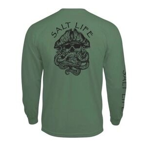 Salt Life Captain Octo Long Slv T-Shirt Kelp Green Skull Octopus Graphic Mens S